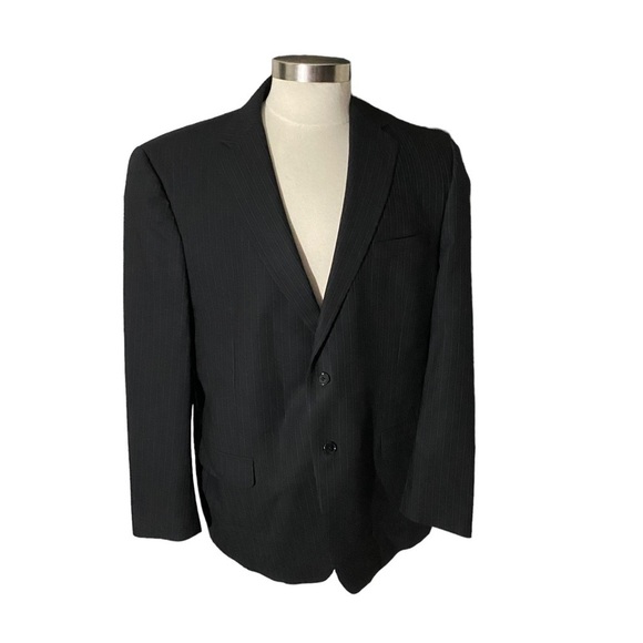 DKNY Black & Cream Pinstriped Worsted Wool 2-Button Suit Jacket Sports Coat 46R - Picture 1 of 11